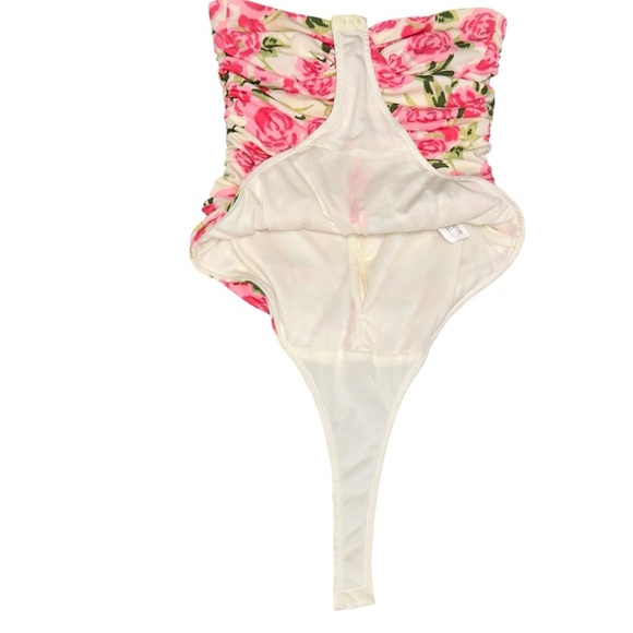 Zara Ruched Floral Strapless Bodysuit Pink Rose Print Cottagecore Y2K Coquette - Picture 3 of 16